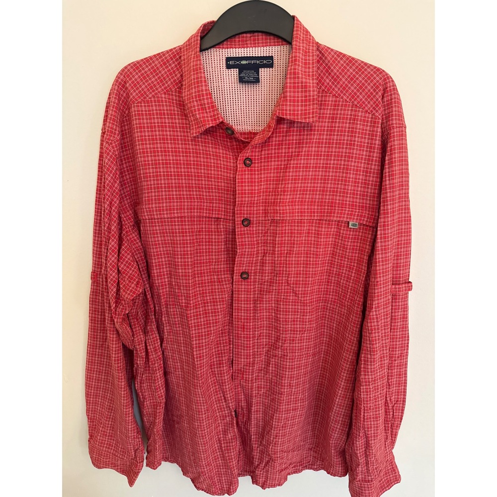 ExOfficio Mens XL Air Strip Hiking Shirt Red Plaid Long Sleeve Ventilated Travel